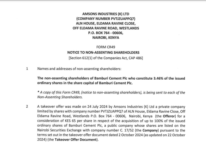 Squeeze Out Notice by Amsons Industries(K) Ltd 28.02.2025(