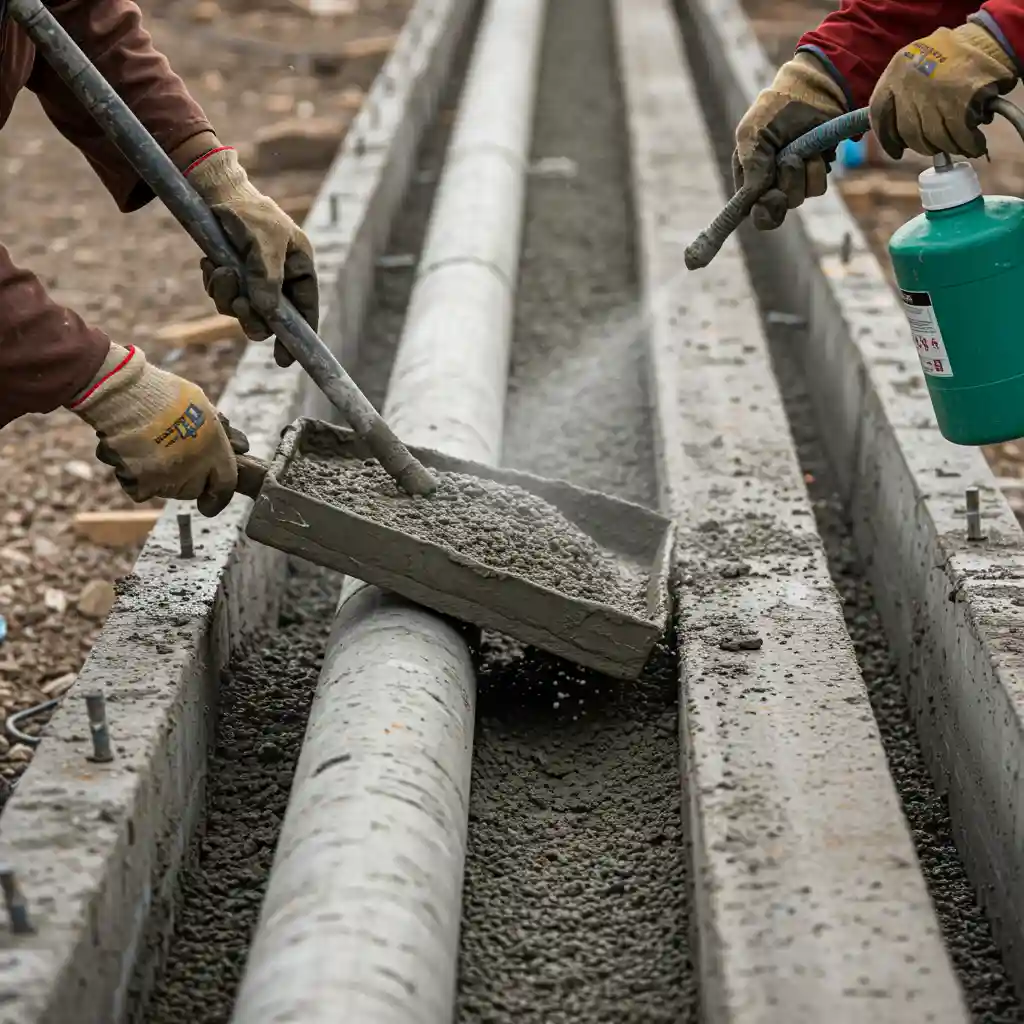 A construction worker expertly spreading and compacting Bamburi PowerCRETE 52.5 Cement for a durable