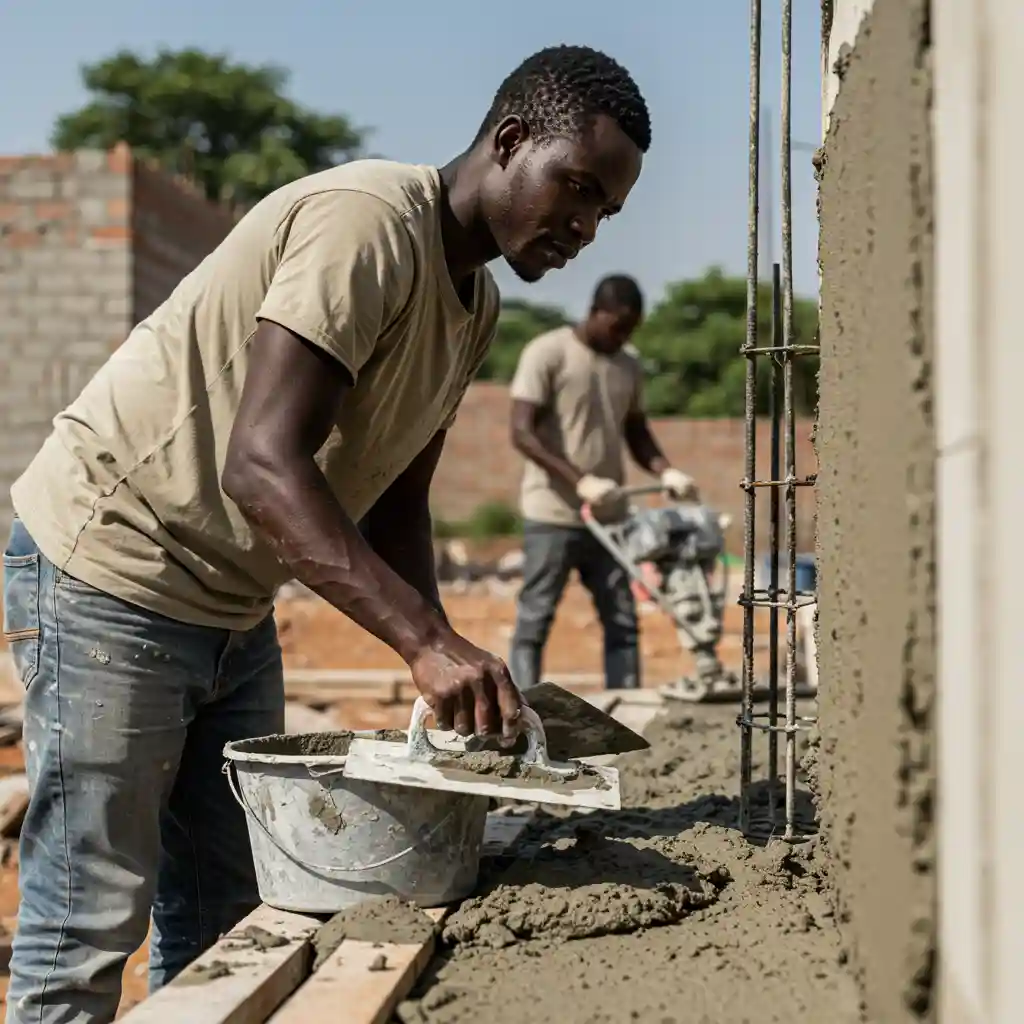 Applying Bamburi Nguvu Cement for beams, blocks, and plaster—spread evenly, compact well, and finish smoothly for durable, high-strength results