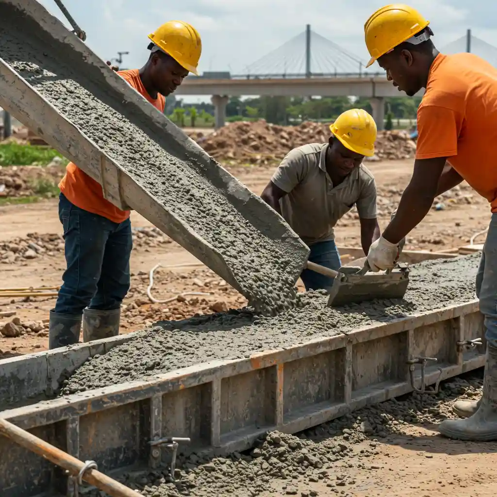 Applying Bamburi PowerMAX 42.5 Cement—spread evenly, compact well, and cure properly for durable slabs, beams, and precast structures.
