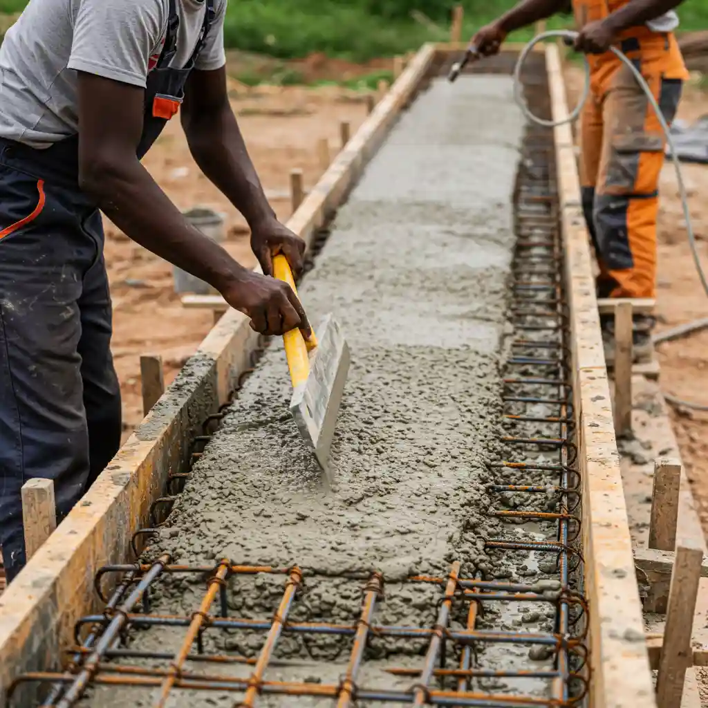 Applying Bamburi PowerPLUS 42.5 Cement—spread evenly, compact firmly, and cure well for durable slabs, beams, and precast structures with high early strength.