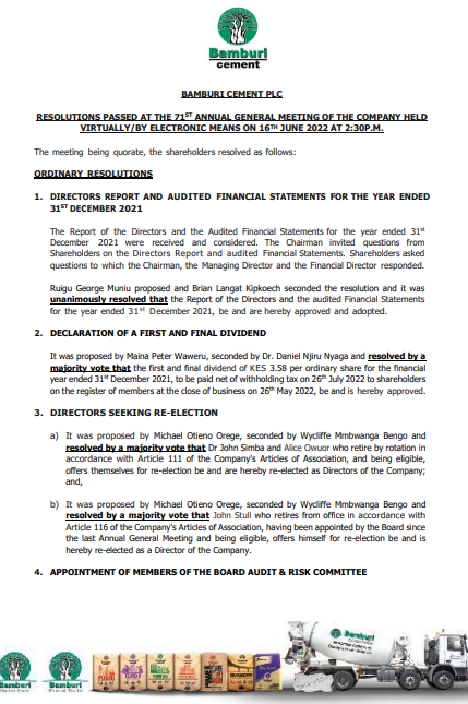 Bamburi Cement Resolutions passed on the 16th june 2022 agm