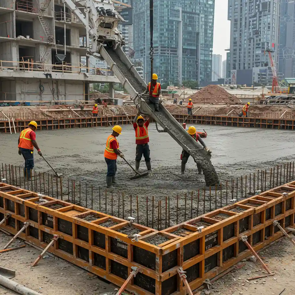 Casting a strong and durable raft foundation with Bamburi PowerCRETE 52.5 Cement, ensuring stability and load-bearing capacity for a skyscraper.