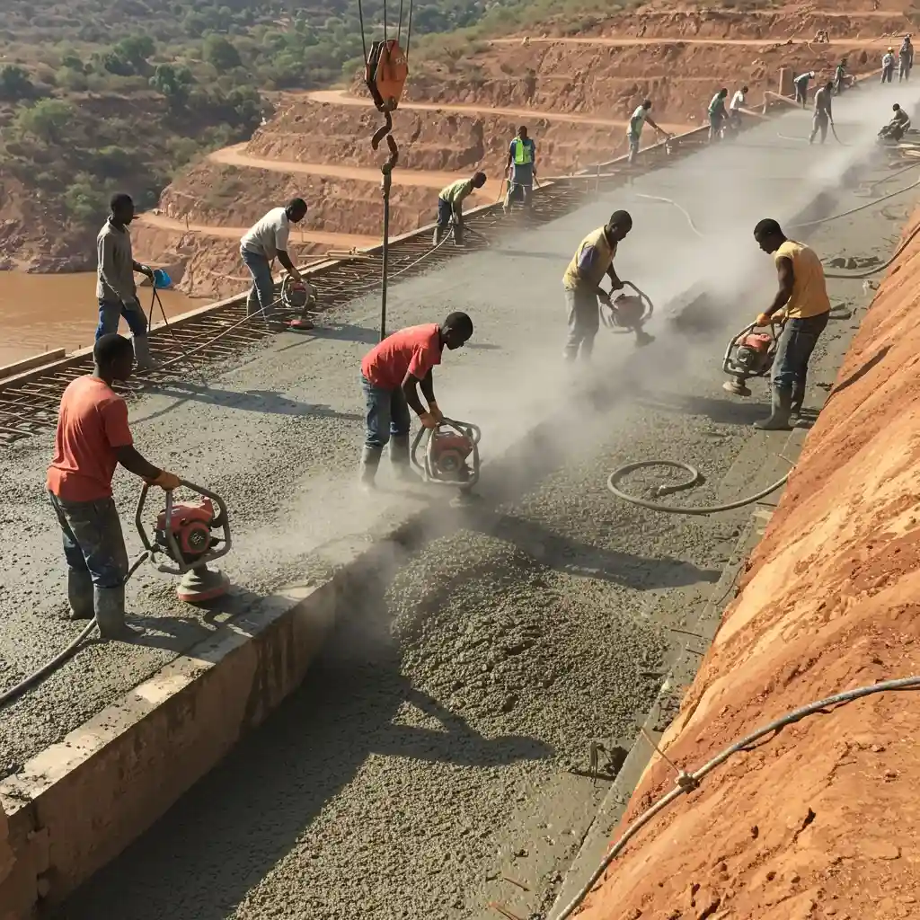 Casting strong, durable beams for a reservoir dam using Bamburi Duracem Cement, ensuring resistance to water and harsh conditions.