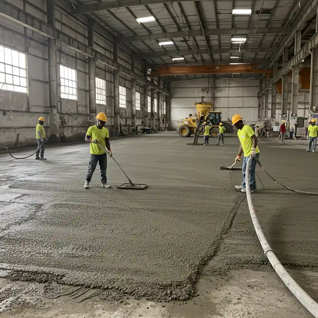 Laying heavy-duty industrial floors with Bamburi PowerCRETE 52.5 Cement, ensuring superior strength, durability, and resistance for factory operations.