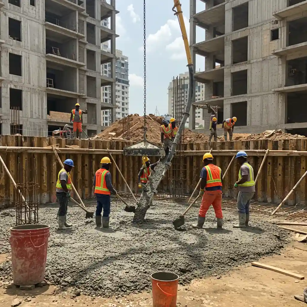 Pouring a strong, deep foundation with Bamburi PowerPLUS Cement for a high-rise building, ensuring durability and load-bearing capacity