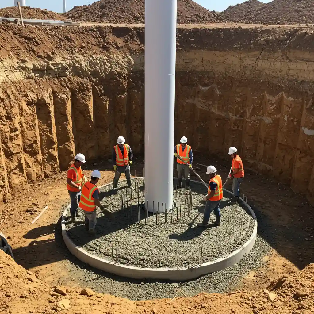 Pouring a strong, sulfate-resistant deep foundation for a windmill using Bamburi Duracem Cement in challenging soil conditions.