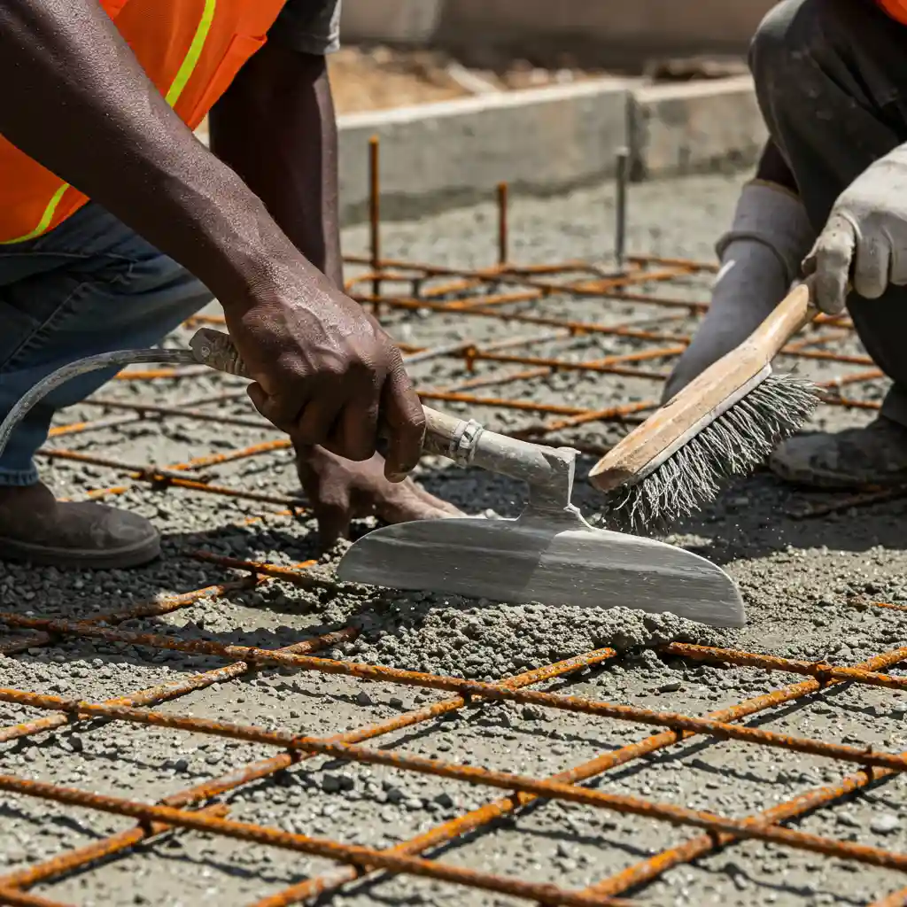 Preparing a rough, stable surface for Bamburi PowerCRETE 52.5 Cement application—removing weak concrete, contaminants, and cleaning rebar for a superior bond and lasting strength.