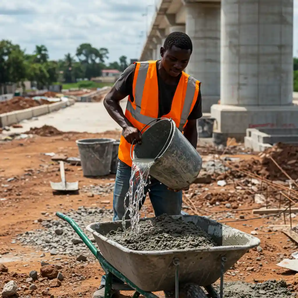 Properly mixing Bamburi Duracem 42.5 LH:SR Cement with clean water and quality aggregates for strong, sulfate-resistant concrete in dams and piers.