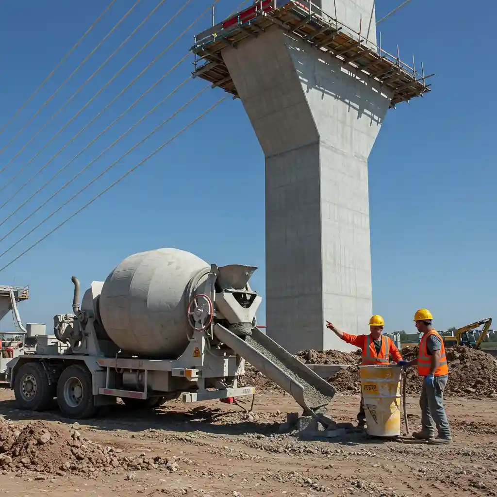 Properly mixing Bamburi PowerMAX 42.5 Cement with clean water and quality aggregates for strong, high-performance concrete in bridges and slabs