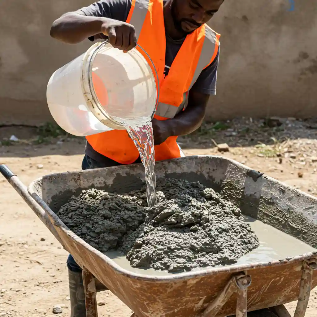 Properly mixing Bamburi PowerPLUS 42.5 Cement with clean water and quality aggregates for high-strength, durable concrete in precast and large-scale projects.