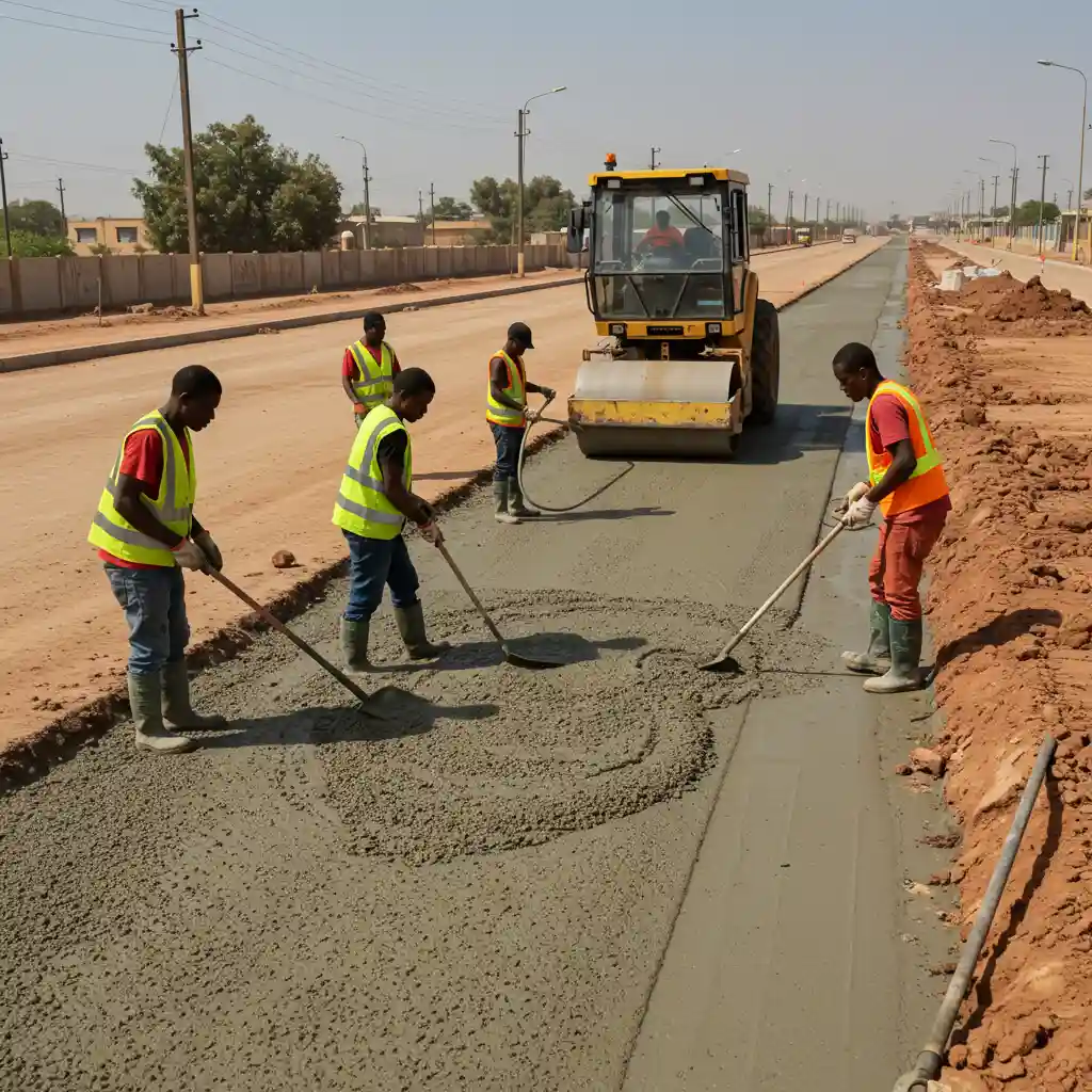 Stabilizing soil with Bamburi PowerPLUS Cement for a strong, durable road base in an industrial area, ensuring long-term stability.
