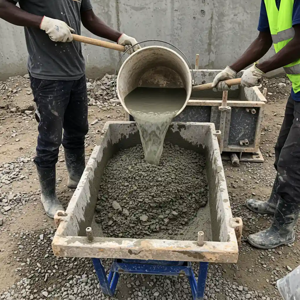 Thoroughly mixing Bamburi PowerCRETE 52.5 Cement with clean water and quality aggregates to achieve a uniform, high-strength blend for precast and industrial applications.