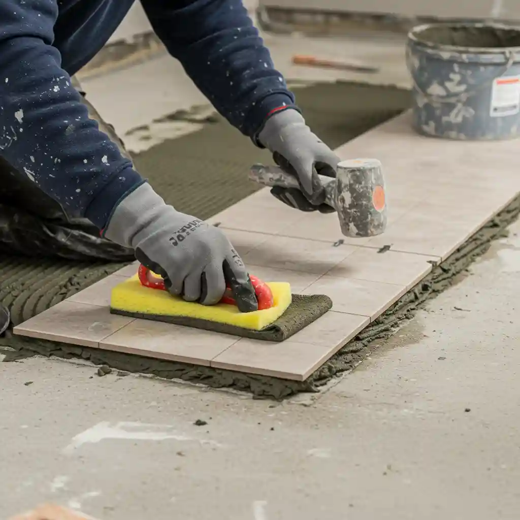 applying Bamburi TectorCeram SETI 300 with a notched trowel, ensuring strong adhesion and precise tile placement for a durable, long-lasting finish