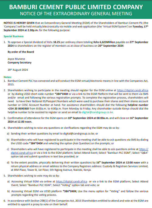 bamburi cement notice of the extraordrinary general meeting 2024