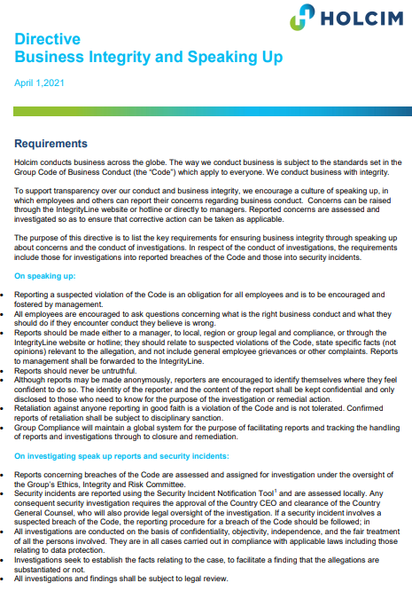 holcim business integrity and speaking up