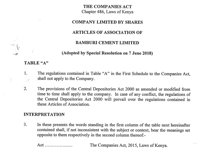 Bamburi Cement Articles of Association Adopted by Special Resolution on 7th June 2018