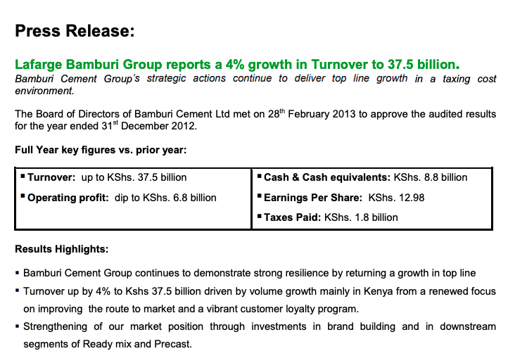 Bamburi Cement Full Year Results 2012