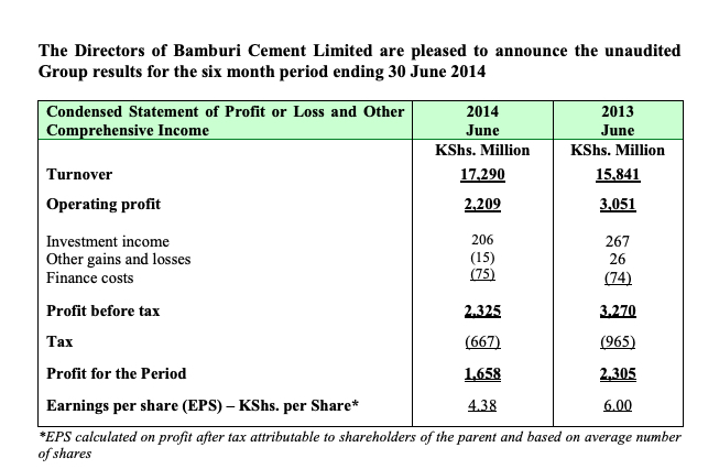 Bamburi Cement Half Year Results 2014