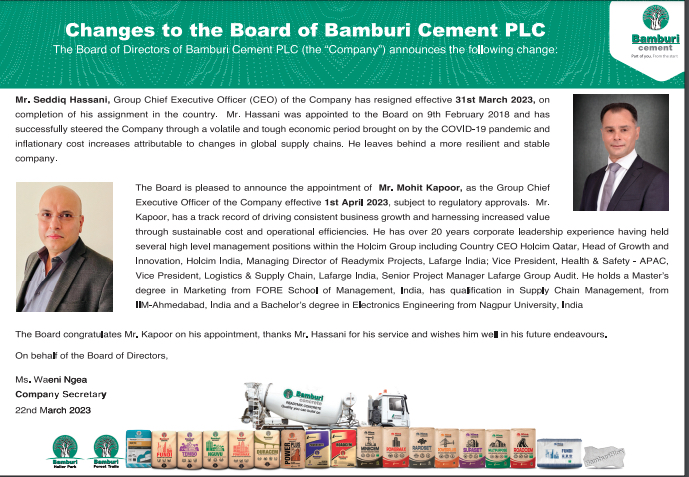 Bamburi Cement PLC Board Changes Group Managing Director April 2023