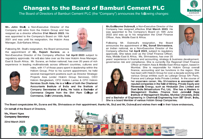 Bamburi Cement PLC Board Changes Non-Executive Directors April 2023