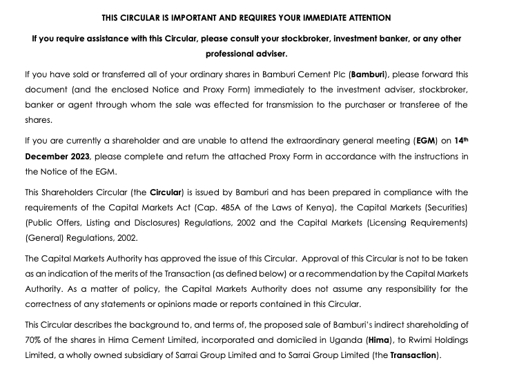 Bamburi Cement Plc Shareholders Circular