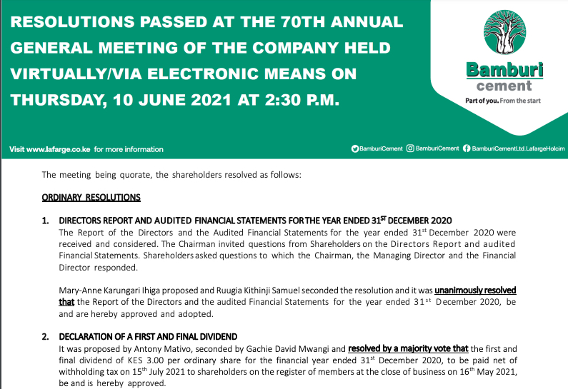 Bamburi Cement Resolutions Passed at the AGM on 10th June 2021