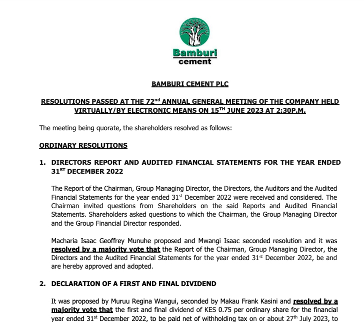 Bamburi Cement Resolutions Passed at the AGM on 15 June 2023