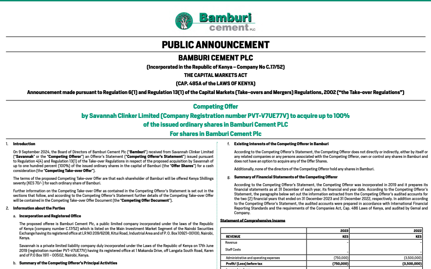 Competing Offer - Savannah Clinker Ltd