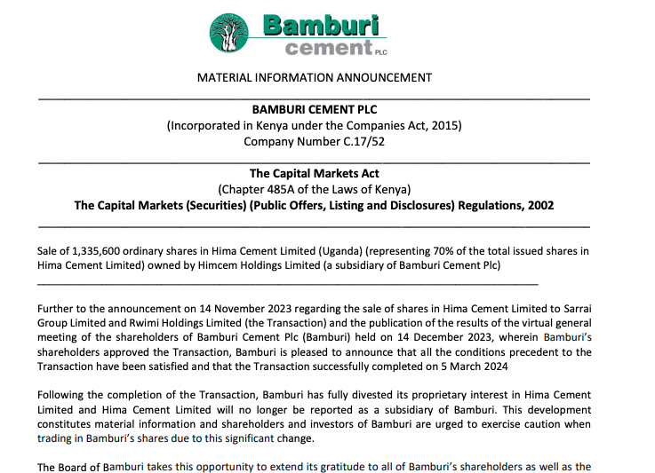 Material Information Announcement - Hima Cement Sale