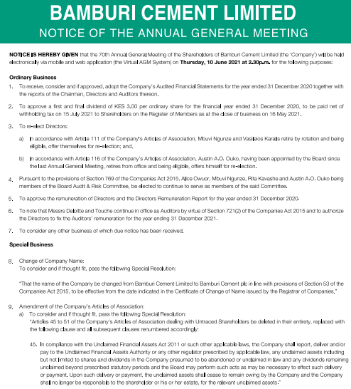 Notice of 2021 Bamburi Cement AGM