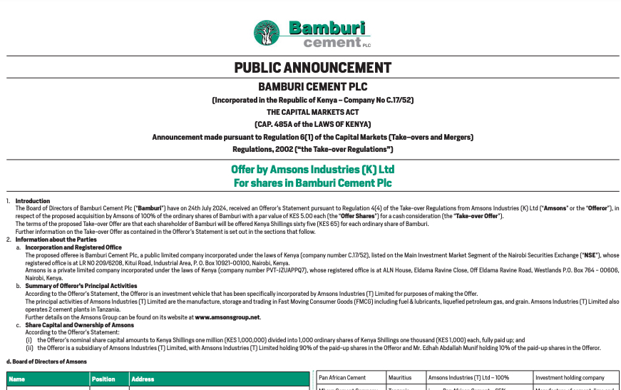 Offer by Amsons Industries (K) Ltd For shares in Bamburi Cement Plc