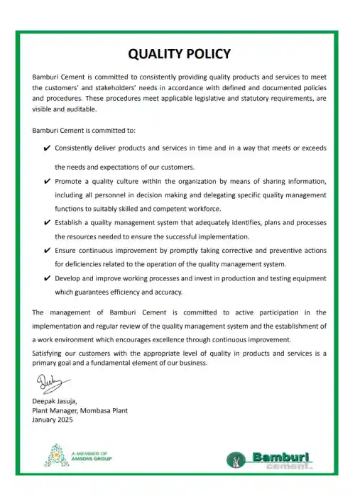 Bamburi Cement MOM Quality Policy 2025