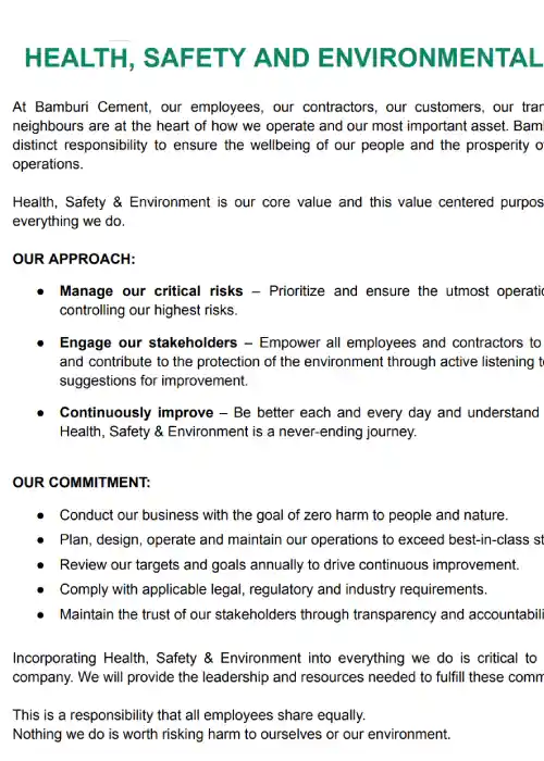 Health, Safety And Environmental Policy - bamburi cement plc