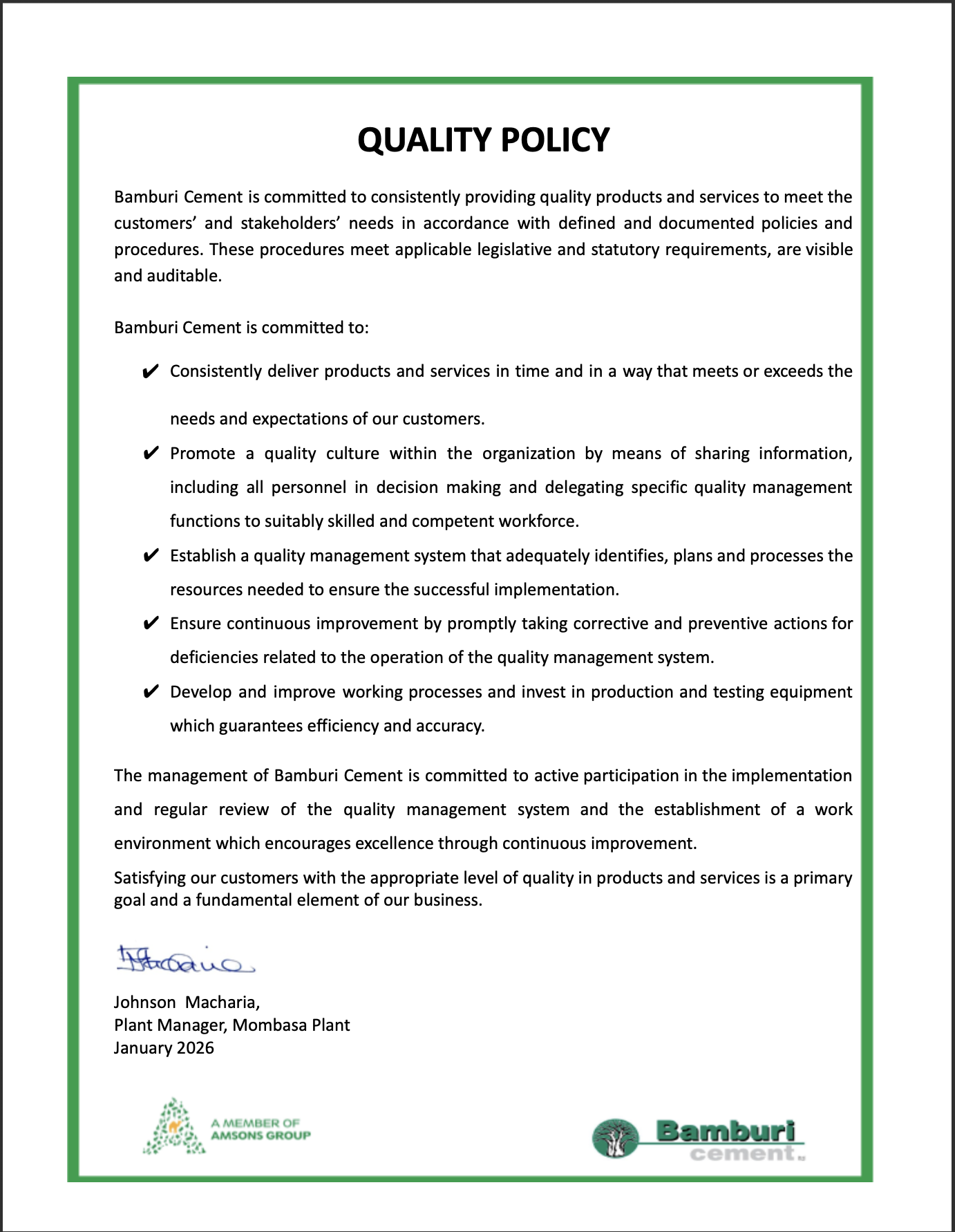 Bamburi Cement MOM Quality Policy